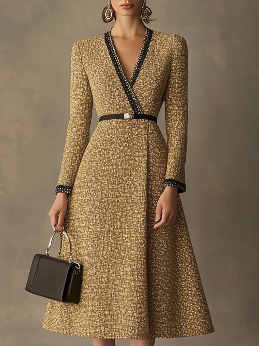 【24-hour shipping】High-End Loose Fashionable And Elegant Ribbon Long Tweed Dress
