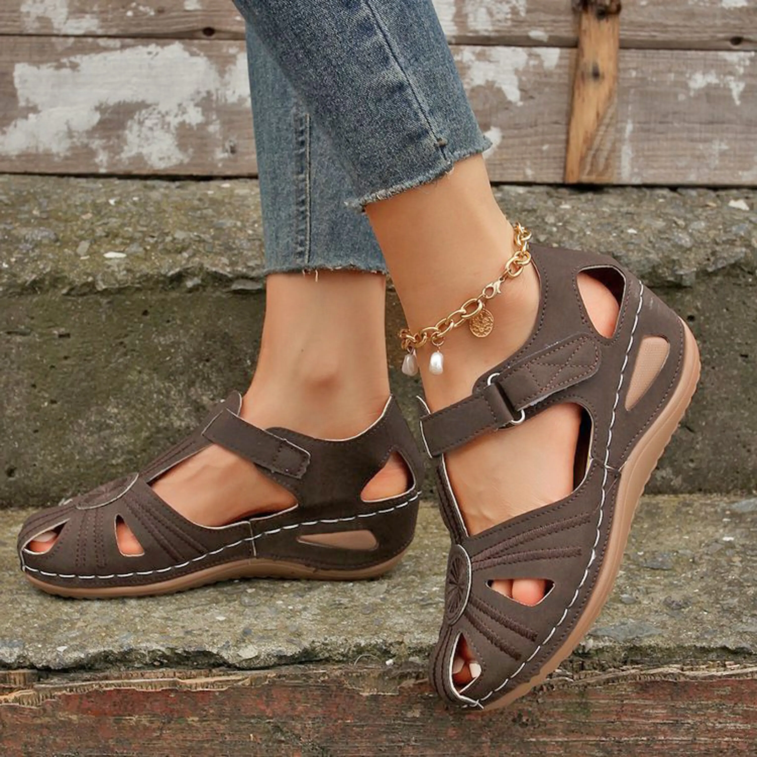 Airfleek Summer Floral Closed Toe Sandals For People With Bunions