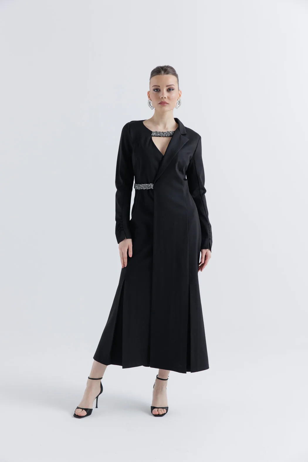 Black Blazer Dress with Luxe Embellished Collar