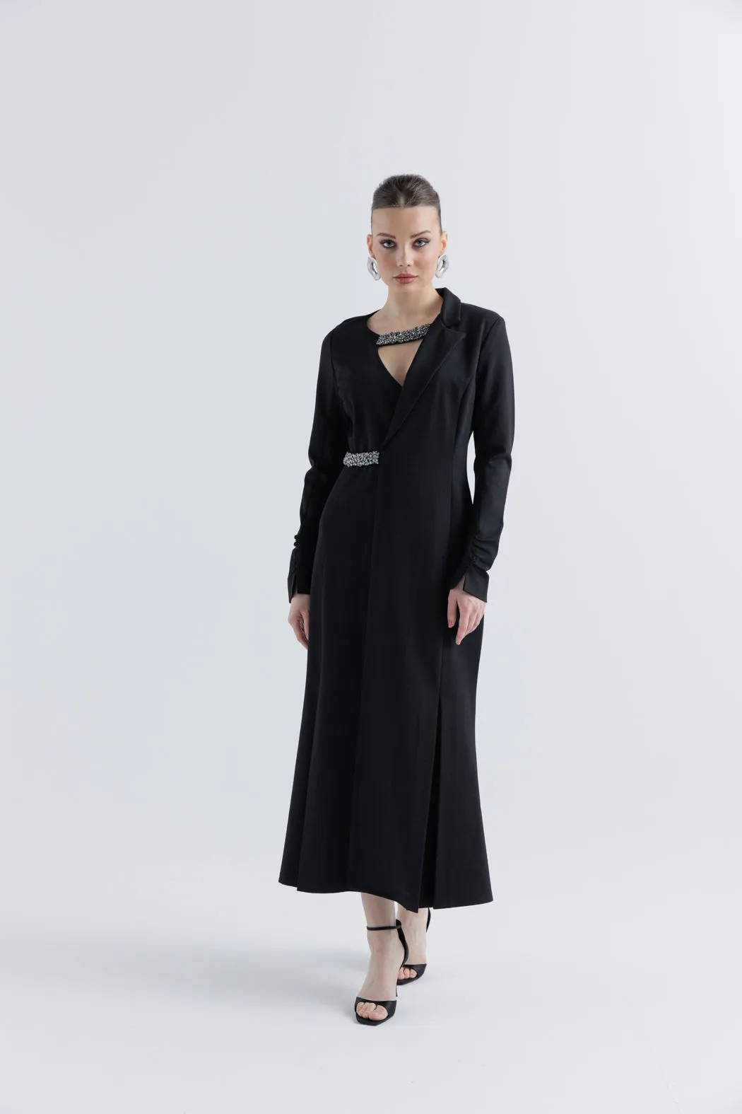 Black Blazer Dress with Luxe Embellished Collar