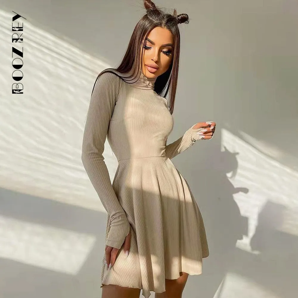 BoozRey Elegant Solid Dress for Women Long Sleeve Knitted Bottoming A-line Pleated Skirt Casual Streetwear Turtleneck Dress Girl