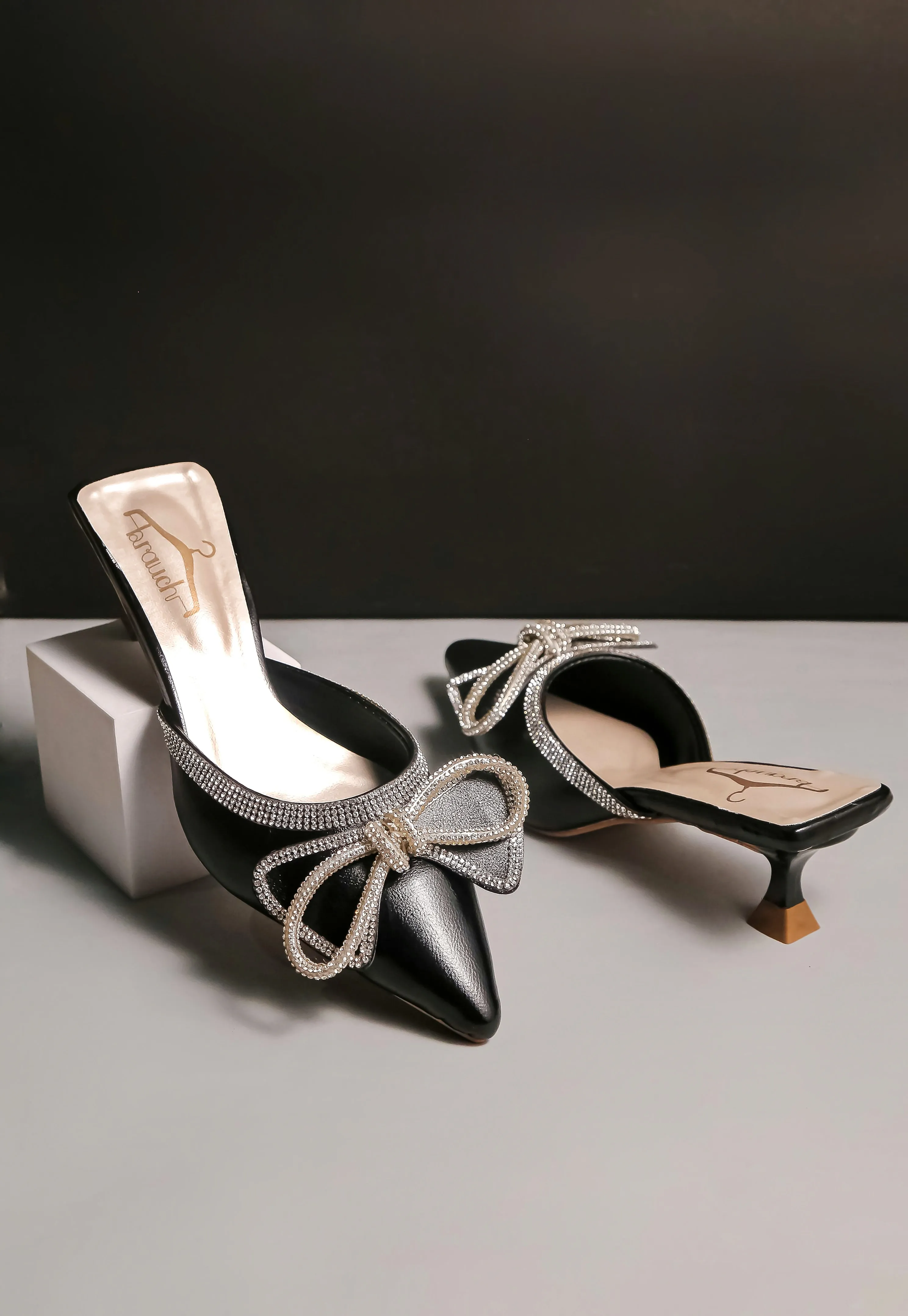 Brauch Black Embellished Rhinestone Bow Kitten Heel Mules