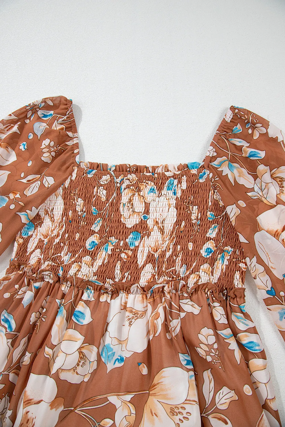 Brown Floral Print Shirred Square Neck High Waist Maxi Dress