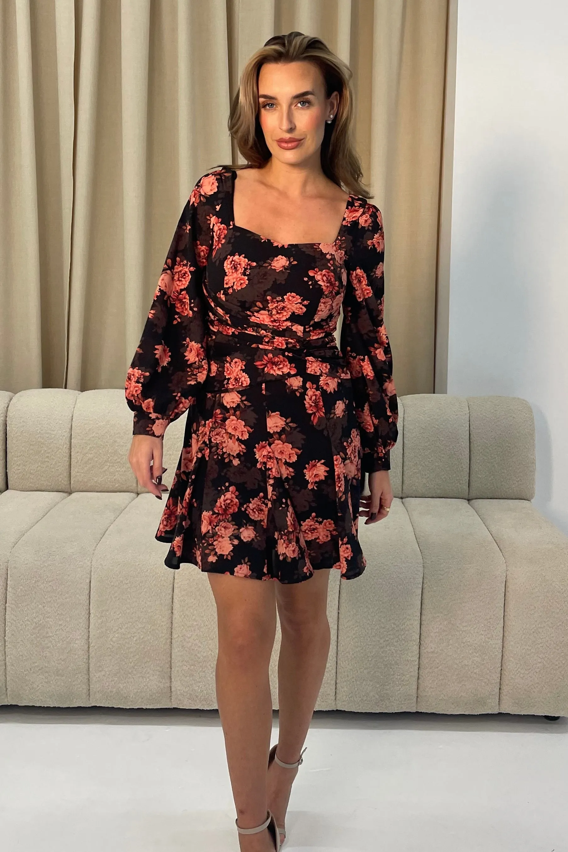 Effie Long Sleeve Sweetheart Neckline Mini Dress In Black Floral