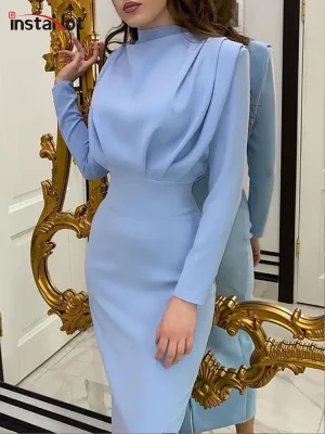 InstaHot Elegant Women Dress Stand Collar Slim Waist Solid Blue Ankle Length Autumn Long Sleeve Casual Party Dress 2020 Fashion