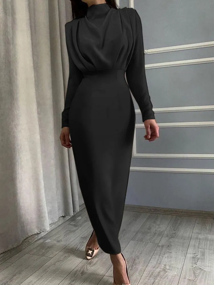 InstaHot Elegant Women Dress Stand Collar Slim Waist Solid Blue Ankle Length Autumn Long Sleeve Casual Party Dress 2020 Fashion