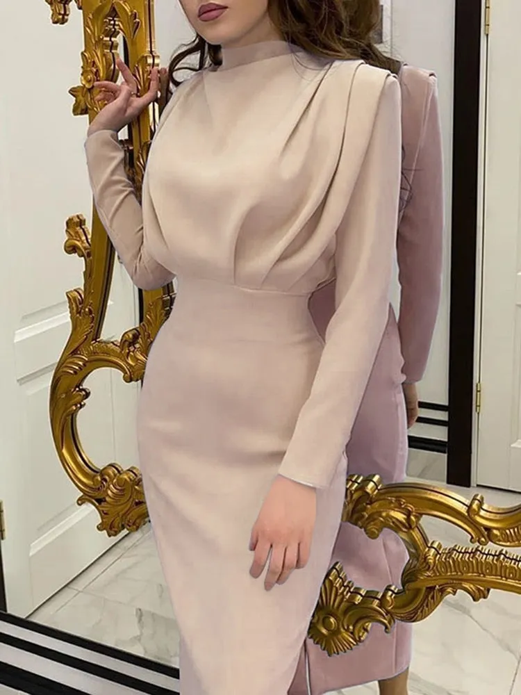 InstaHot Elegant Women Dress Stand Collar Slim Waist Solid Blue Ankle Length Autumn Long Sleeve Casual Party Dress 2020 Fashion