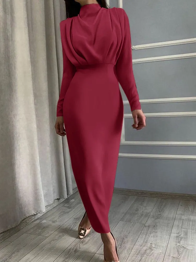 InstaHot Elegant Women Dress Stand Collar Slim Waist Solid Blue Ankle Length Autumn Long Sleeve Casual Party Dress 2020 Fashion