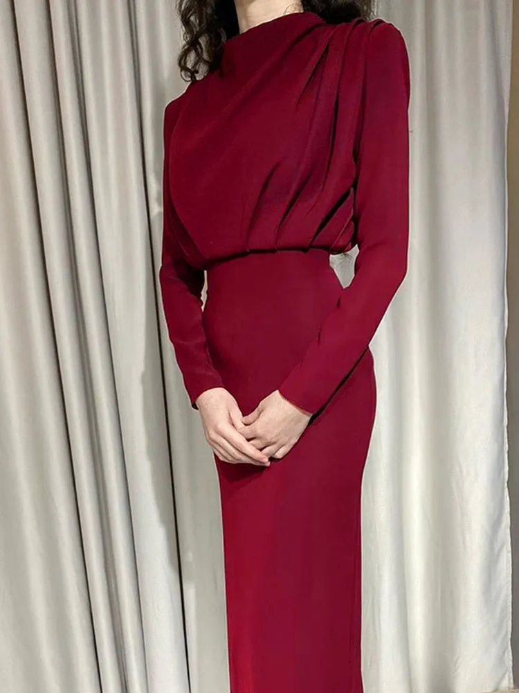 InstaHot Elegant Women Dress Stand Collar Slim Waist Solid Blue Ankle Length Autumn Long Sleeve Casual Party Dress 2020 Fashion