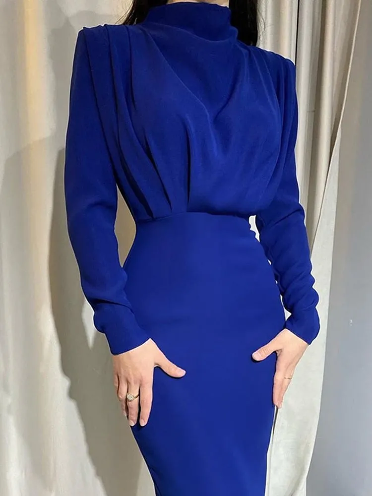 InstaHot Elegant Women Dress Stand Collar Slim Waist Solid Blue Ankle Length Autumn Long Sleeve Casual Party Dress 2020 Fashion