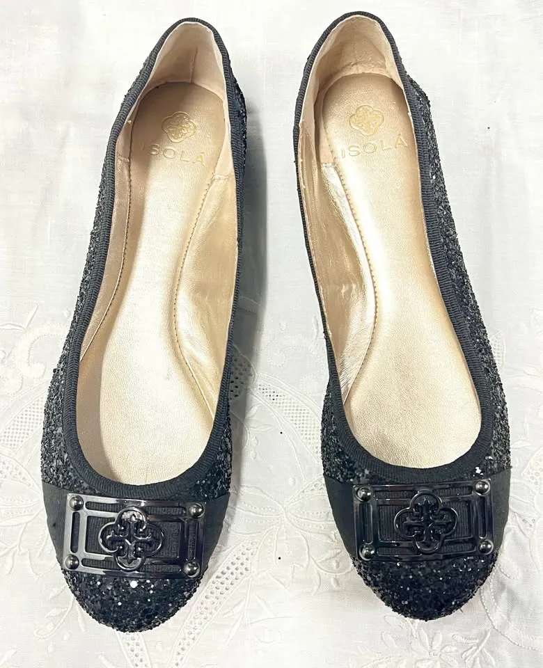 ISOLA  Black Sparkle and Glitter Buckled Ballet Flats 7.5M