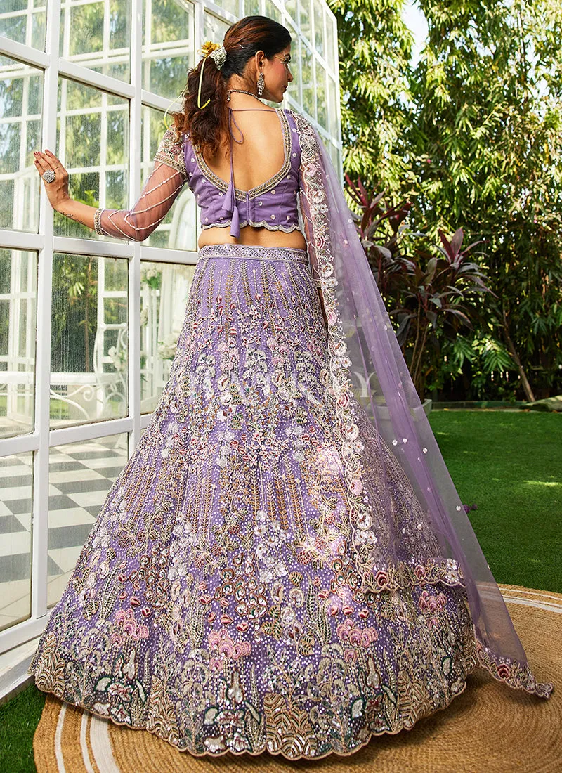 Lavender Floral Embroidery Bridal Lehenga Choli