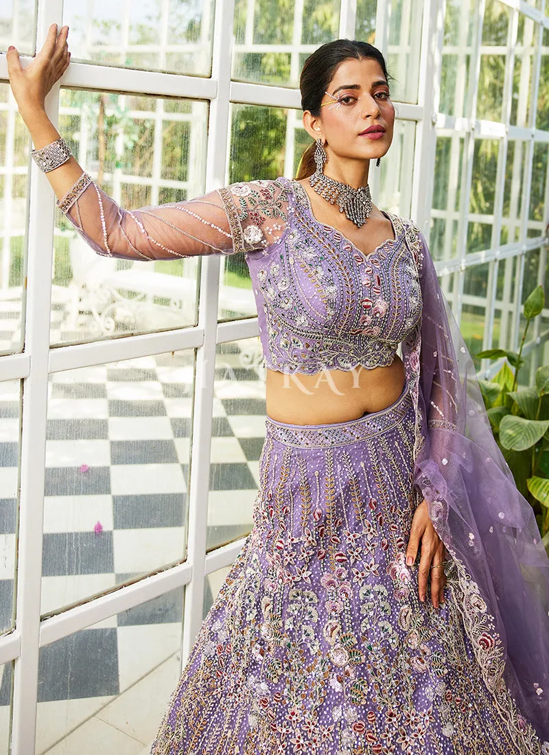 Lavender Floral Embroidery Bridal Lehenga Choli