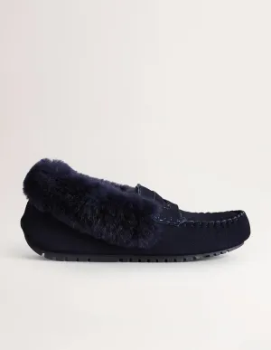 Moccasin Slippers-Navy Suede