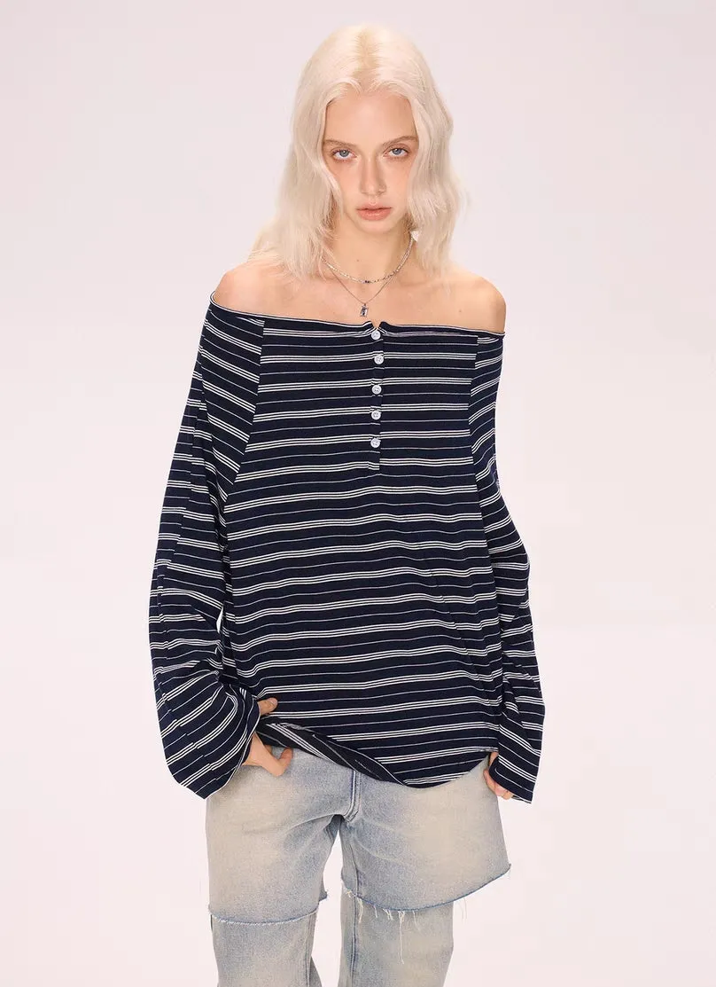 Off-Shoulder Striped Henley Long Sleeve
