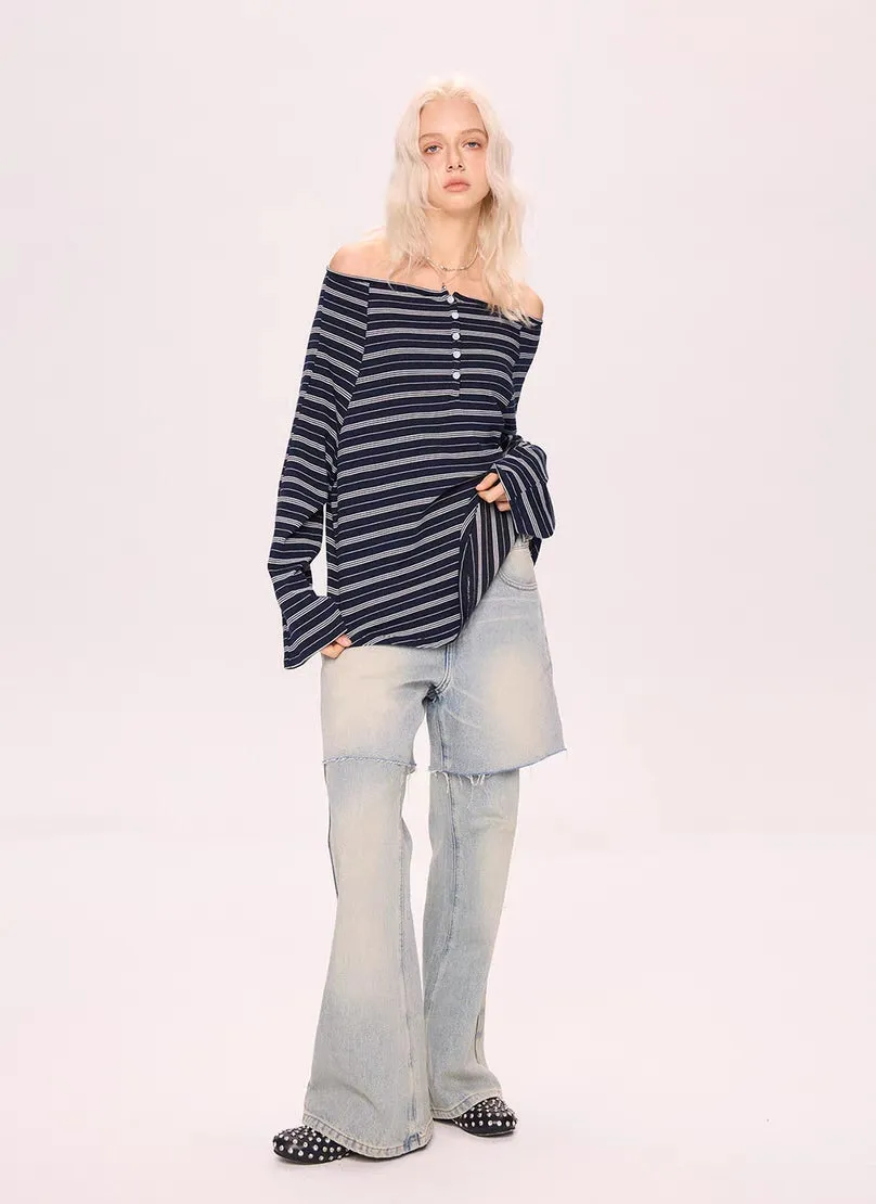 Off-Shoulder Striped Henley Long Sleeve