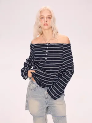 Off-Shoulder Striped Henley Long Sleeve