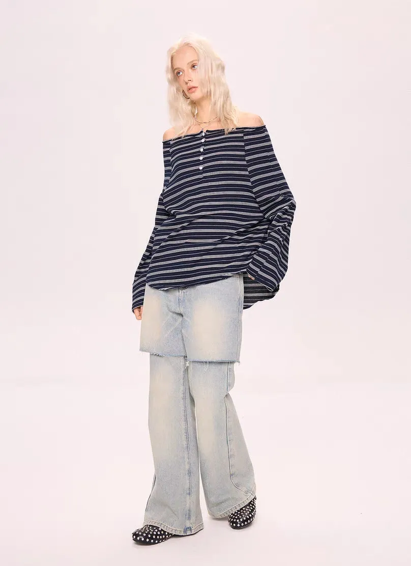 Off-Shoulder Striped Henley Long Sleeve