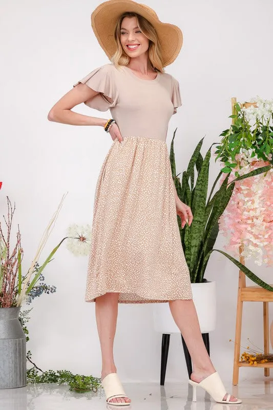 Plus Size Polka Dot Round Neck Flutter Sleeve Midi Dress