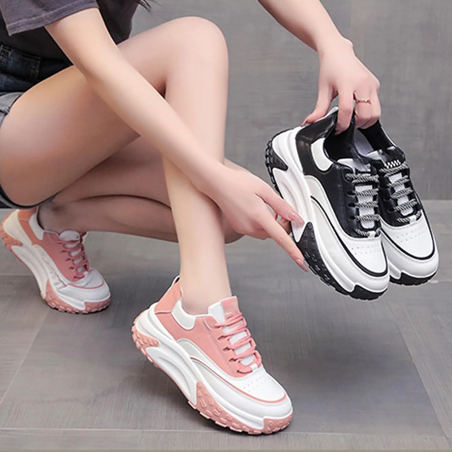 PURCHAWEE Colorblock Platform Sneakers for Women,Fashion Casual Lace Up Dad Sneakers Aesthetic Shoes Chunky Sneakers Walking Sneakers