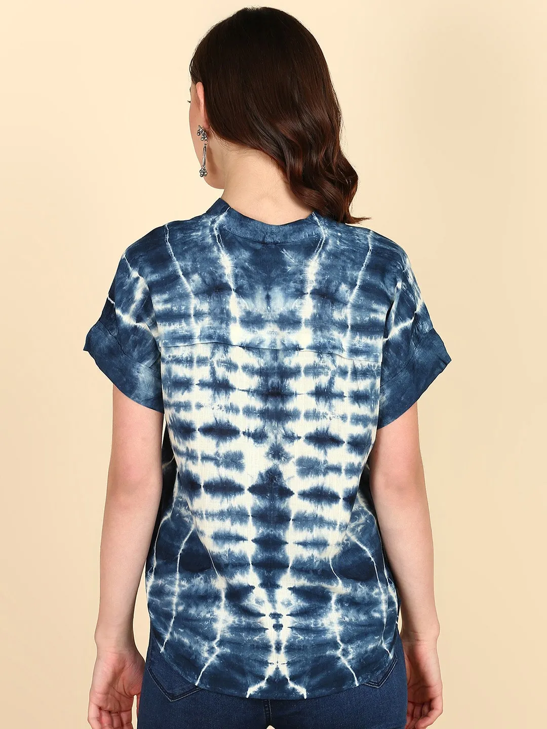 Rayon Tie Dye Blue Mandarin Collar Top