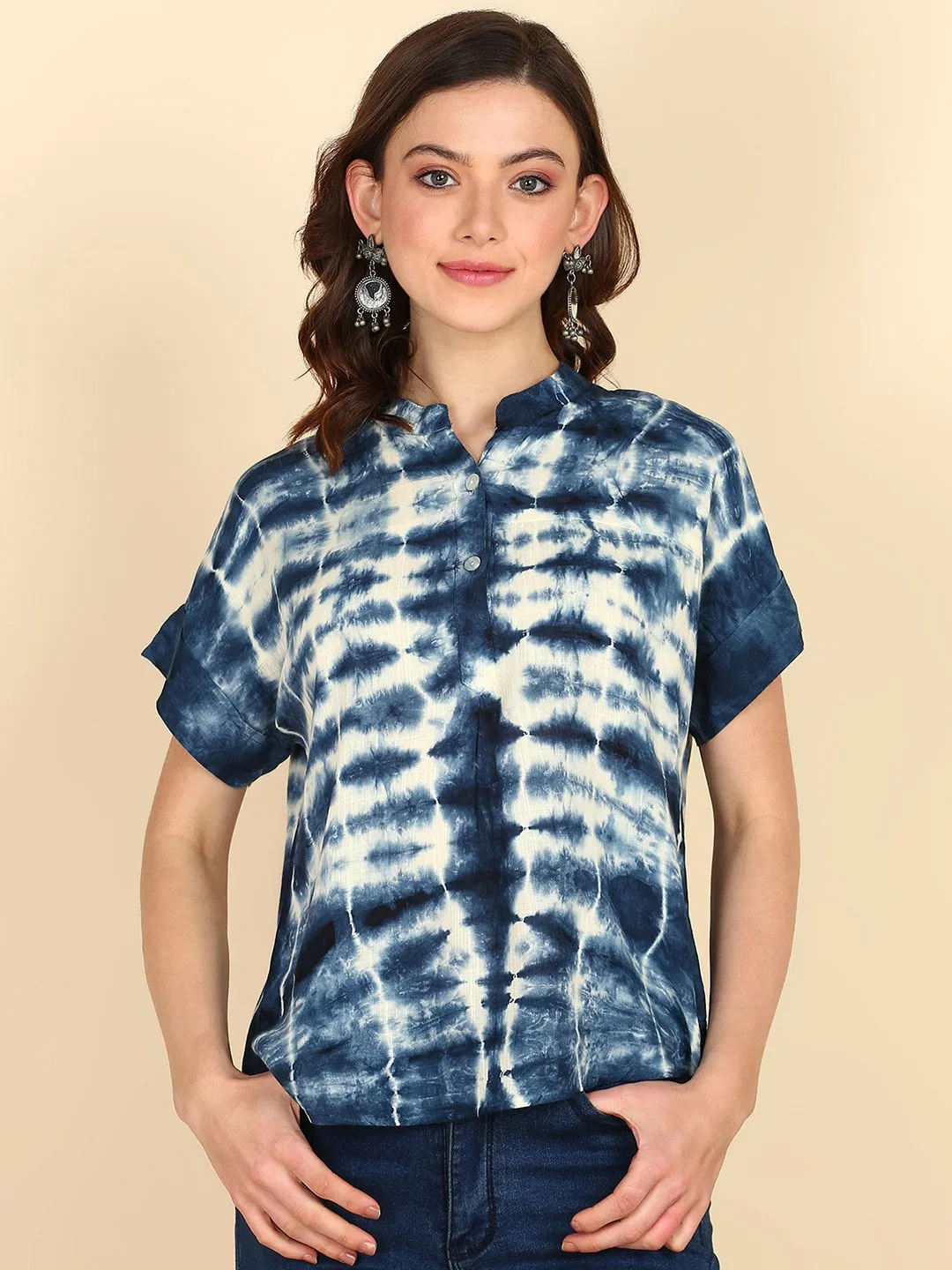 Rayon Tie Dye Blue Mandarin Collar Top