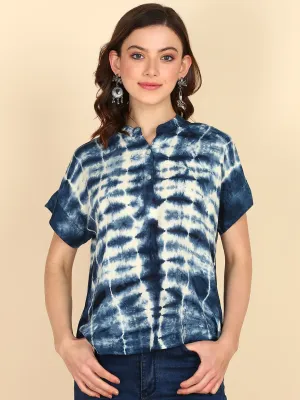 Rayon Tie Dye Blue Mandarin Collar Top
