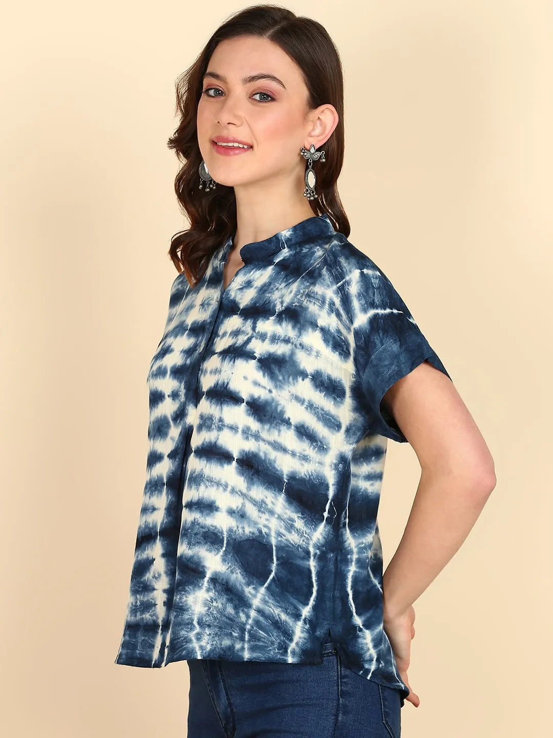 Rayon Tie Dye Blue Mandarin Collar Top