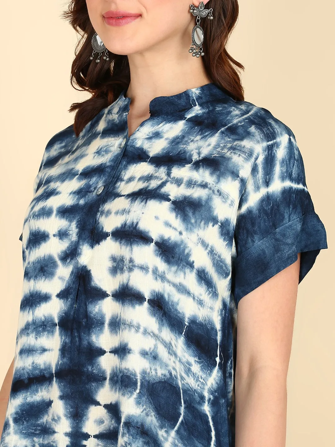 Rayon Tie Dye Blue Mandarin Collar Top