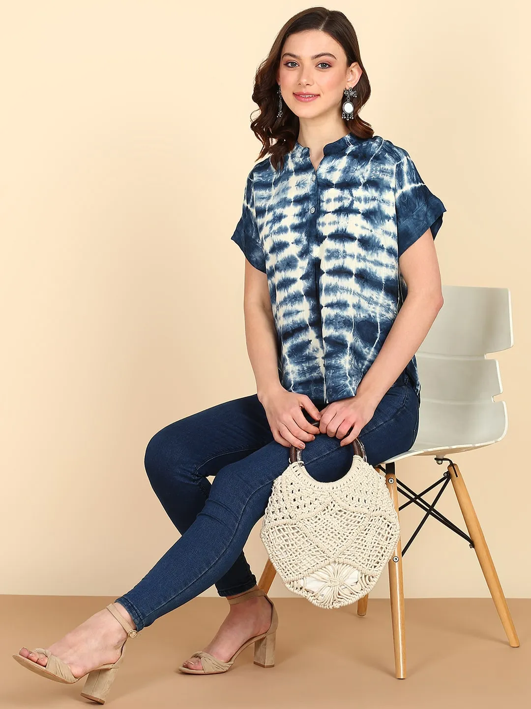 Rayon Tie Dye Blue Mandarin Collar Top