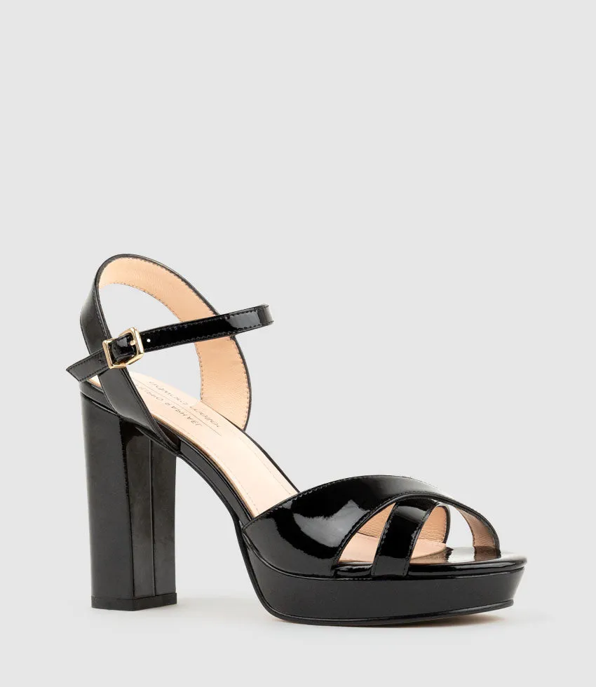 RENATA100 Crossover Platform Sandal in Black Patent