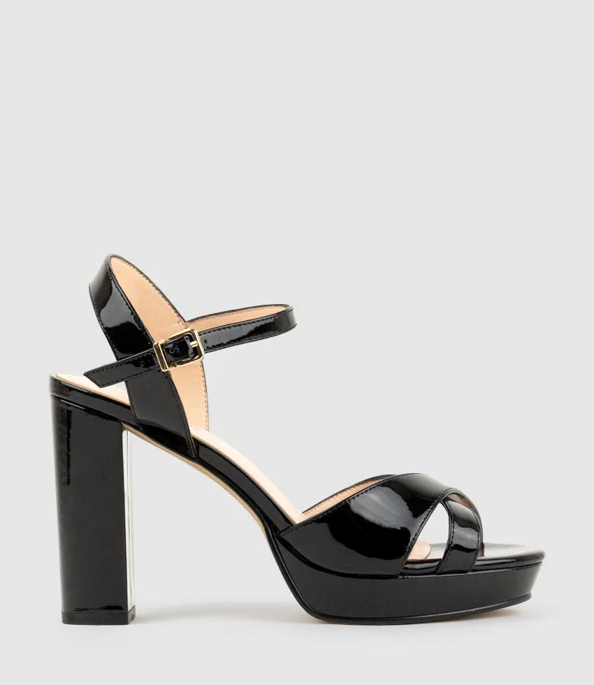 RENATA100 Crossover Platform Sandal in Black Patent