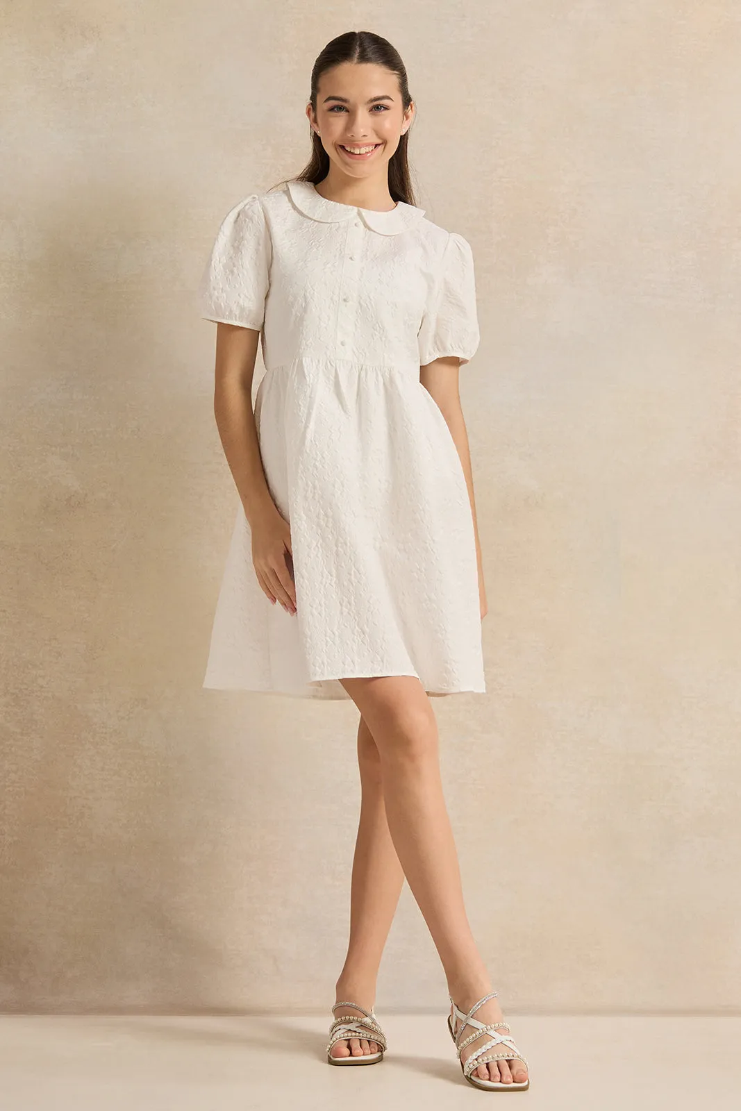 Senior Girls White Dobby Peter Pan Collar Dress