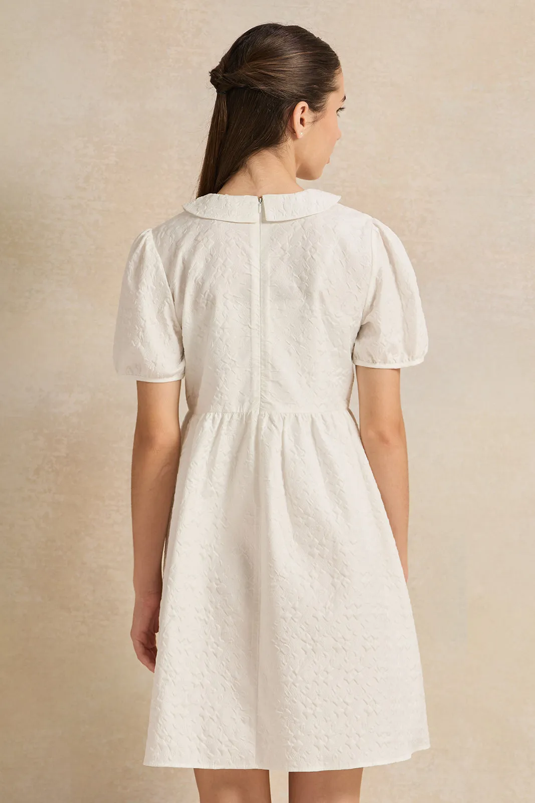 Senior Girls White Dobby Peter Pan Collar Dress