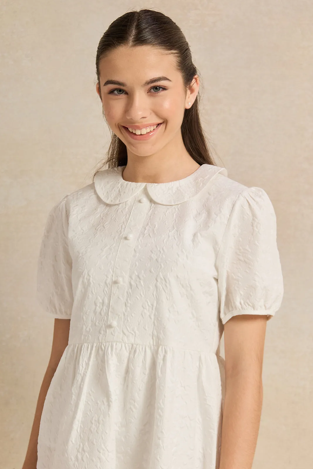 Senior Girls White Dobby Peter Pan Collar Dress