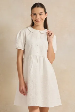 Senior Girls White Dobby Peter Pan Collar Dress