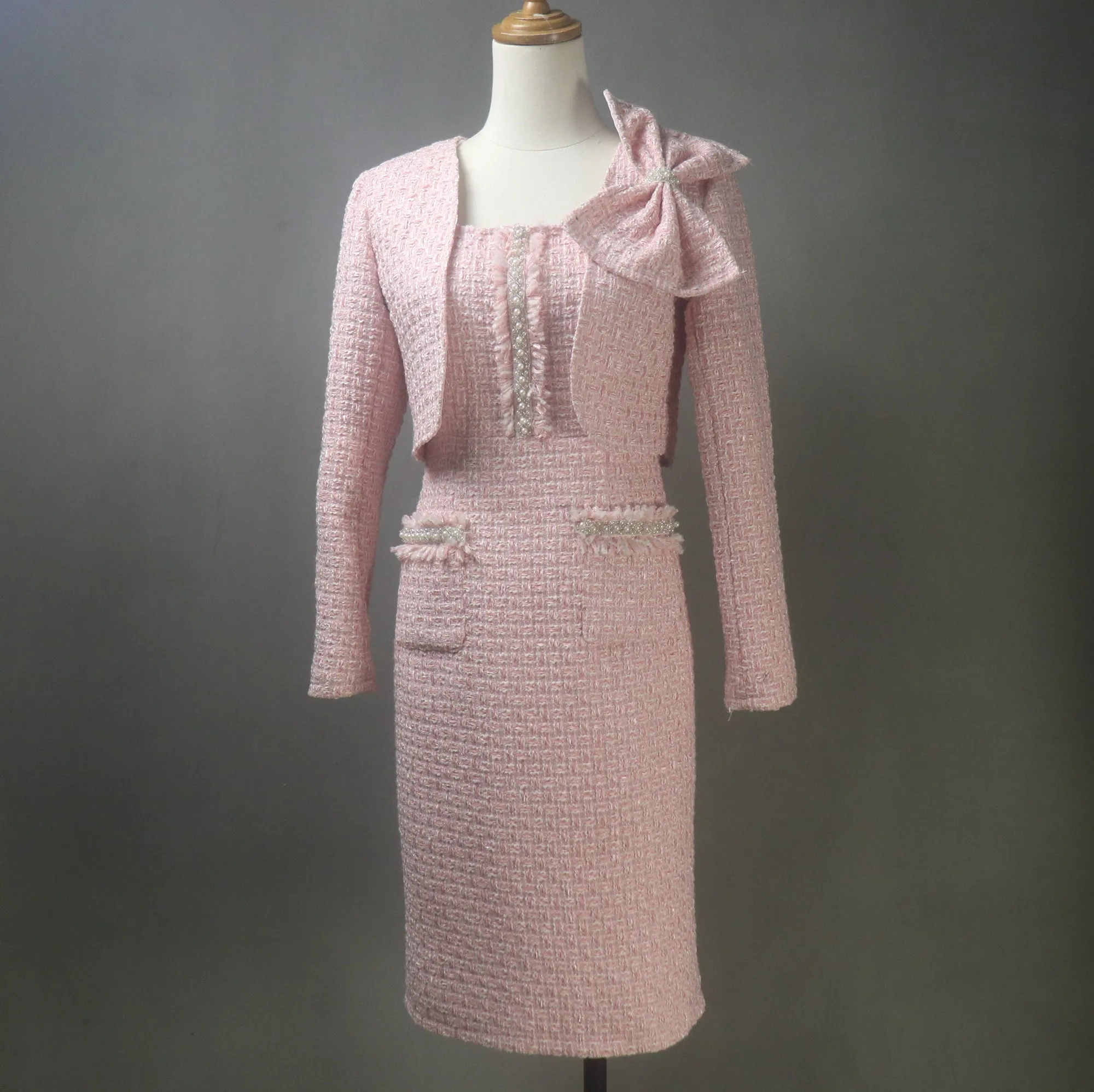 Spring Summer Baby Pink Dress Suit  with Crop Jacket and a Big Bow