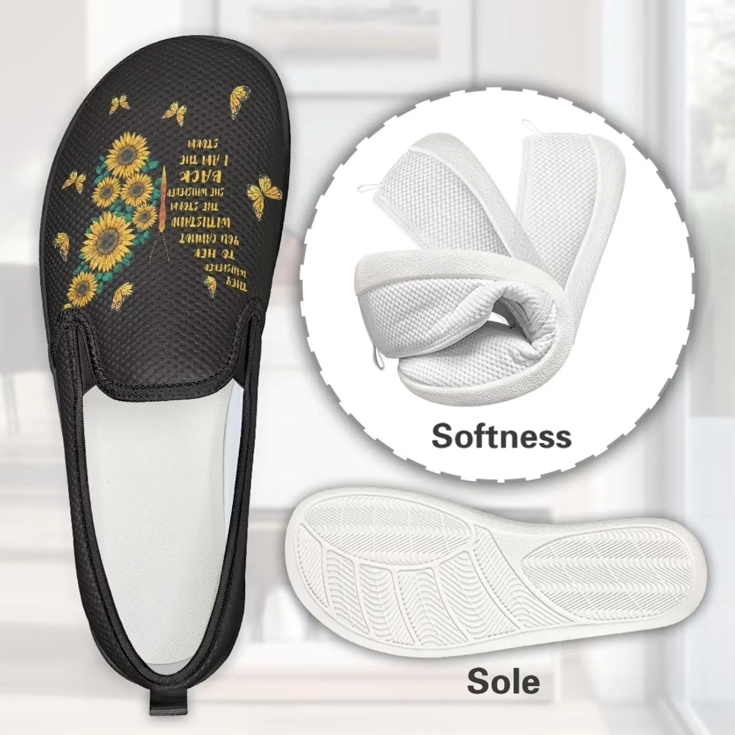 Sunflower Print Mesh Shoes for Women Breathable Slip On Flats Sneakers Fashion Comfort Work Tennis Loafers