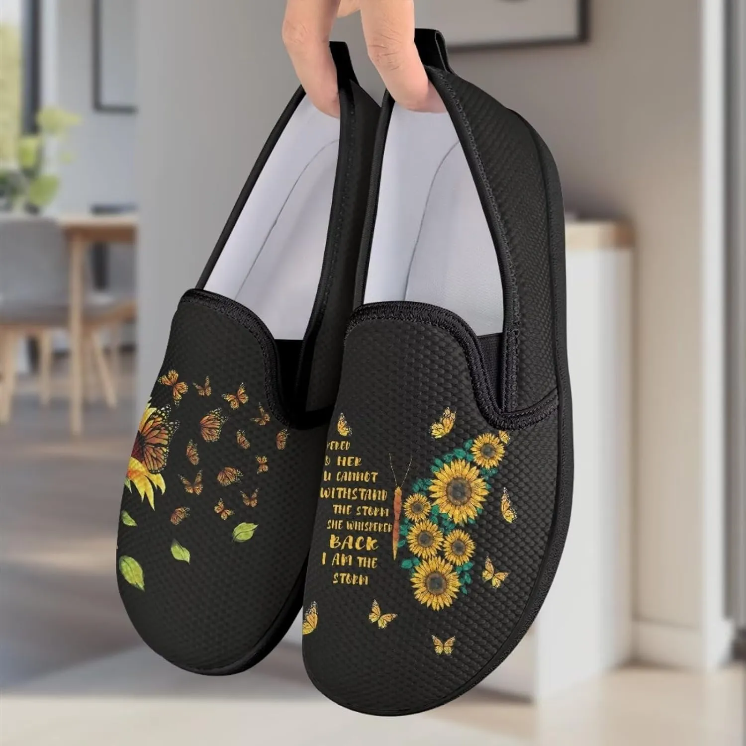 Sunflower Print Mesh Shoes for Women Breathable Slip On Flats Sneakers Fashion Comfort Work Tennis Loafers
