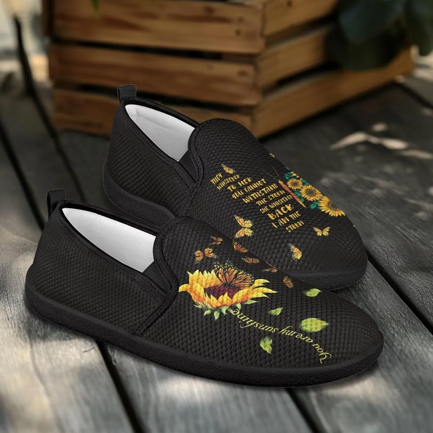 Sunflower Print Mesh Shoes for Women Breathable Slip On Flats Sneakers Fashion Comfort Work Tennis Loafers