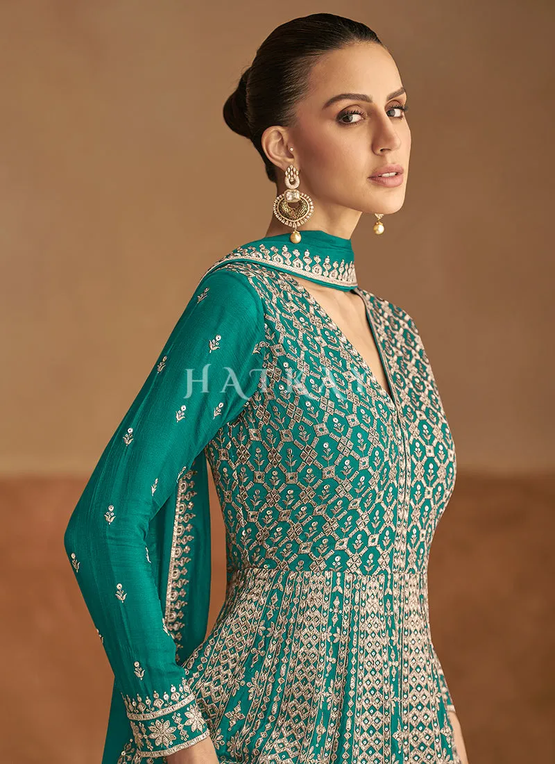 Turquoise Traditional Embroidery Festive Anarkali Gown