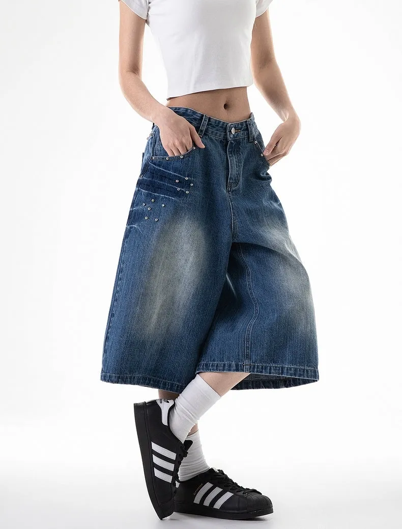 Washed Wide-Leg Denim Jorts