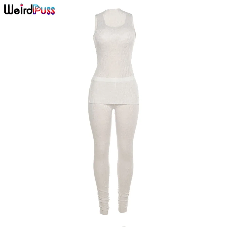 Weird Puss Two-Piece Sets Women Knitting Ribbed Sleeveless Split Tops High Waist Pants Thin Summer Sporty Suit Casual Streetwear