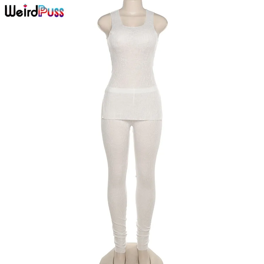 Weird Puss Two-Piece Sets Women Knitting Ribbed Sleeveless Split Tops High Waist Pants Thin Summer Sporty Suit Casual Streetwear
