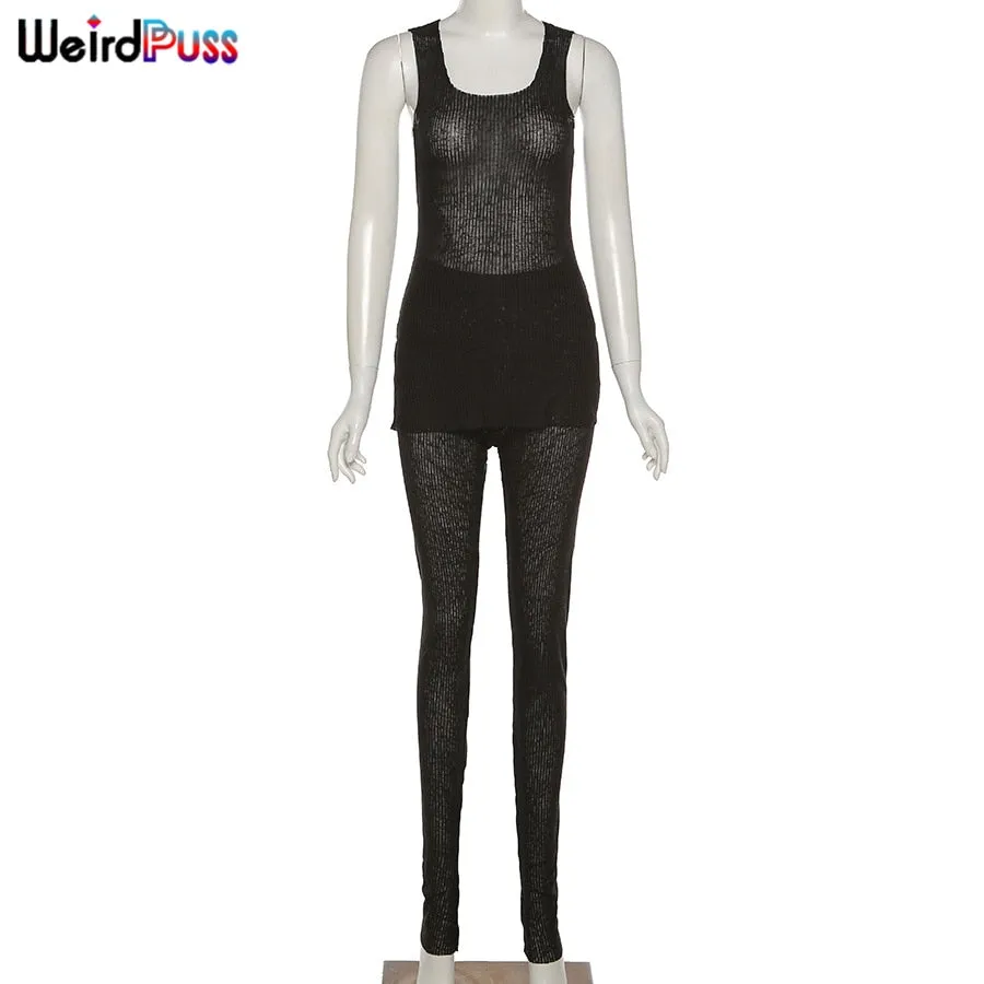Weird Puss Two-Piece Sets Women Knitting Ribbed Sleeveless Split Tops High Waist Pants Thin Summer Sporty Suit Casual Streetwear