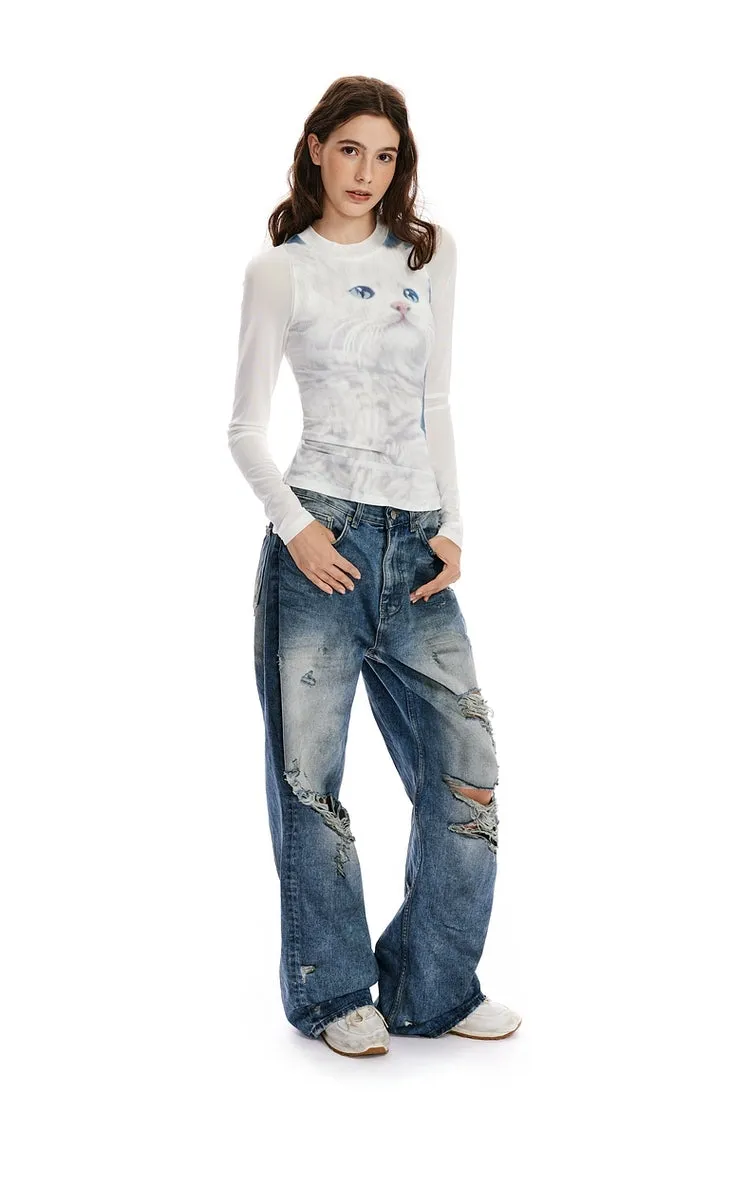 White Cat Print Mesh Long Sleeve Top