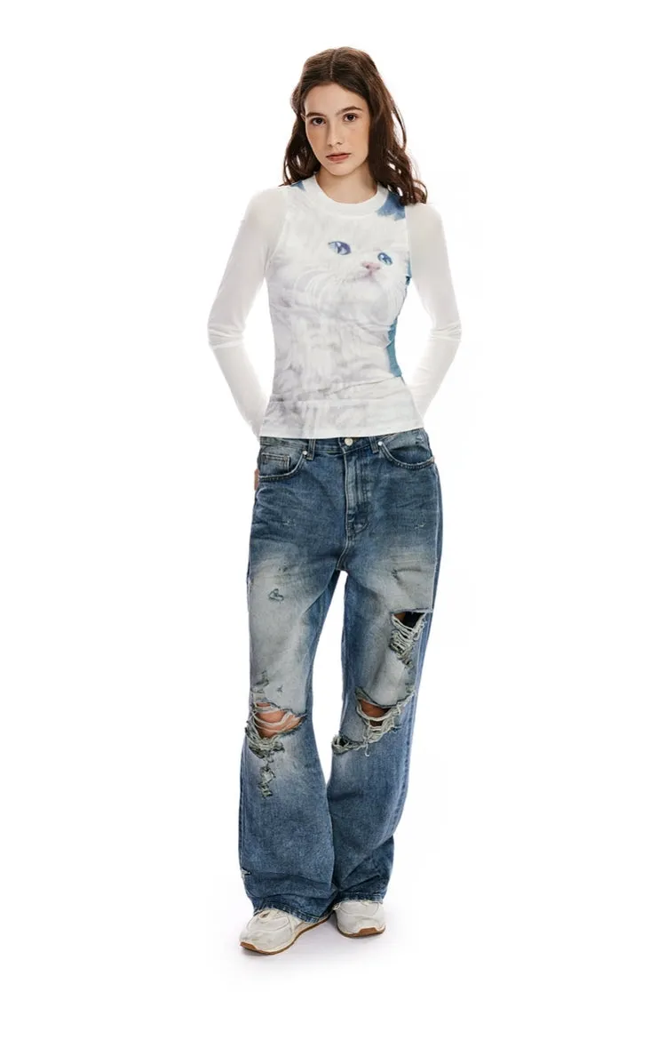 White Cat Print Mesh Long Sleeve Top