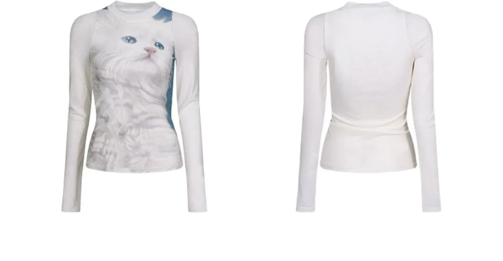 White Cat Print Mesh Long Sleeve Top