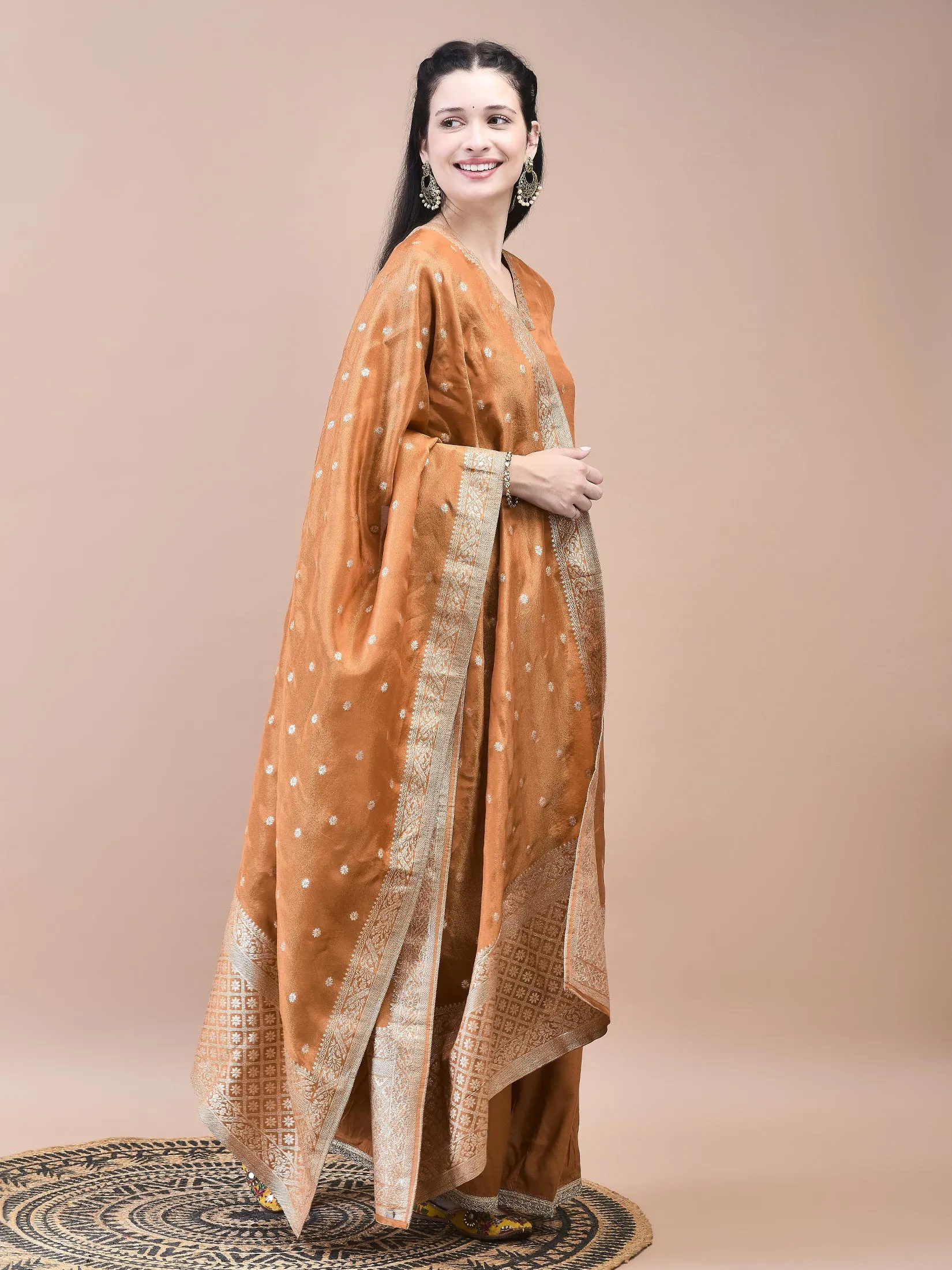 Women Dola Jacquard Rust Solid Kurta Sharara Dupatta