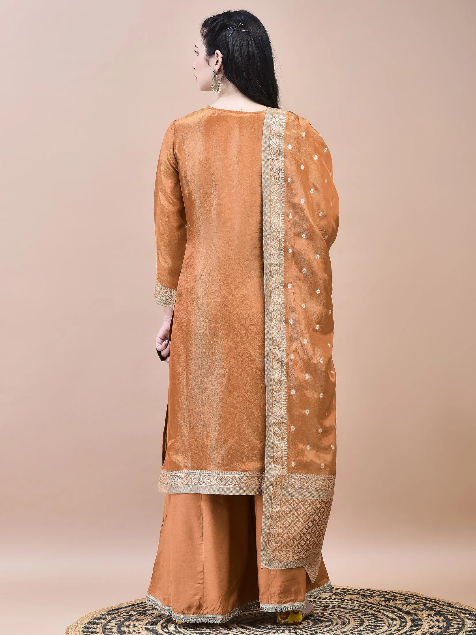 Women Dola Jacquard Rust Solid Kurta Sharara Dupatta
